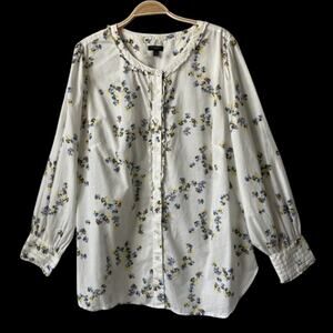 Talbots Floral Shirt Women Size 1X White Blue Long Sleeve Button Up Cottagecore